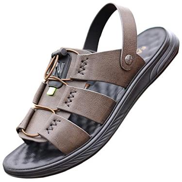 Imagem de EKsma Sandálias masculinas, sapatos de praia abertos de couro ao ar livre, sandálias esportivas de verão sandália masculina de pescador, Caqui, 41