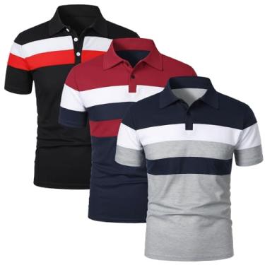 Imagem de Oymyakon Camisas polo masculinas de manga curta Color Block Camisetas de golfe moda verão casual lapela camiseta, Preto + vermelho + azul marinho, P