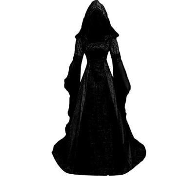 Imagem de Aniywn Vestido feminino medieval renascentista comprimento até o chão vestidos cosplay vestidos retrô manga longa vestido medieval, Preto, M