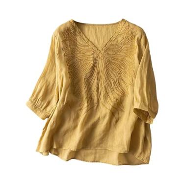 Imagem de Camisetas femininas casuais de algodão e linho bordadas de cor sólida camisetas femininas de malha manga longa, Amarelo, G