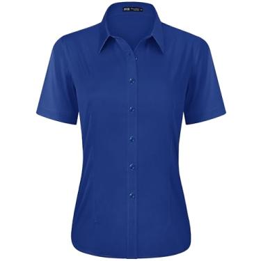 Imagem de J.VER Camisa social feminina casual elástica de manga curta fácil de cuidar, Azul royal, PP