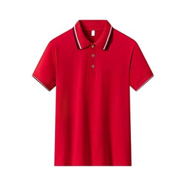 Imagem de Polos de golfe masculinos poliéster cor sólida gola listrada camisa esportiva regular ajuste manga curta leve ao ar livre respirável(Color:Red,Size:XL)