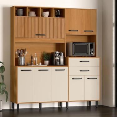 Imagem de Kit de Cozinha Estrela Grafiatto 8 Portas 2 Gavetas com Nichos e com Espaço Micro-ondas 175cm Nature/Champanhe