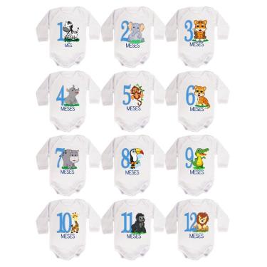 Imagem de Body Bebê Mesversario Manga Longa Safari Menino Kit 12 Bodies 1 a 12 Meses