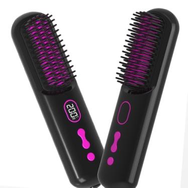 Imagem de Escova alisadora de cabelo sem fio – Mini escova alisadora de cabelo de íon negativo para mulheres com bateria recarregável de 9600 mAh, tela LCD, 2 grampos de cabelo, antiqueimaduras, preta