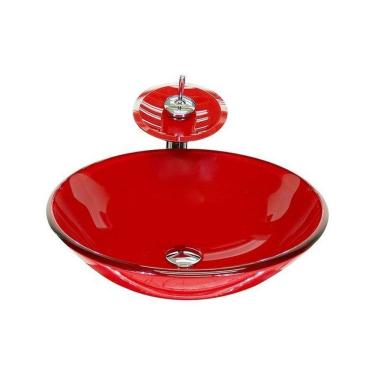 Imagem de Cuba de Vidro Redonda 31cm + Valvula + Torneira Cascata Vermelho Ferrari