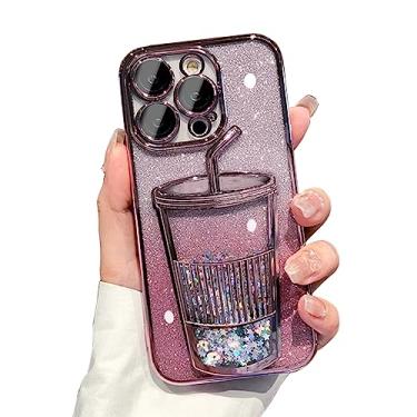 Imagem de Capa de telefone de designer de garrafa de suco com revestimento brilhante 3D compatível com iPhone 12 Pro Max, capa de telefone fofa com glitter gradiente flutuante líquido com proteção de câmera
