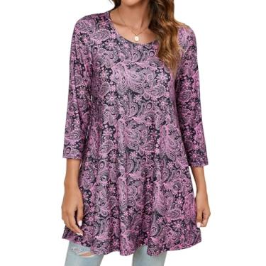 Imagem de ENMAIN Blusa feminina de manga 3/4, elegante, casual, plus size, túnica para usar com leggings rodada, camiseta rodada, blusas soltas, Floral Paisley preto e rosa, 3G