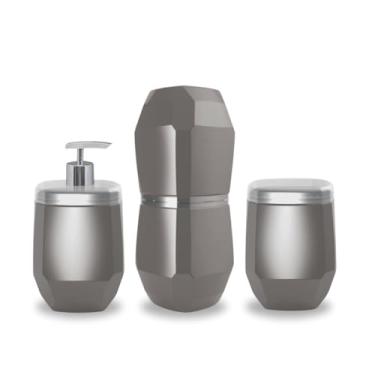 Imagem de Conjunto 3 acessórios de banheiro porta escova e sabonete Liquido e Dispenser Cotonete/Algodão - Organizadores Banheiro - Jogo Para Banheiro (KIT BANHEIRO DIAMANTE CINZA)