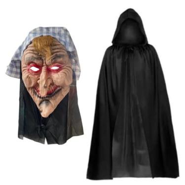 Imagem de Fantasia Bruxa Loira Sorrindo Realista Máscara Capa Preta Halloween - 