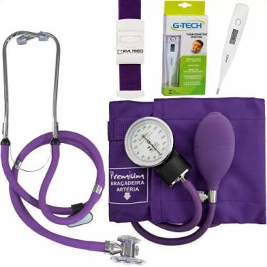 Imagem de Kit Acadêmico Esfigmo Roxo + Esteto + Garrote + Termômetro - Premium