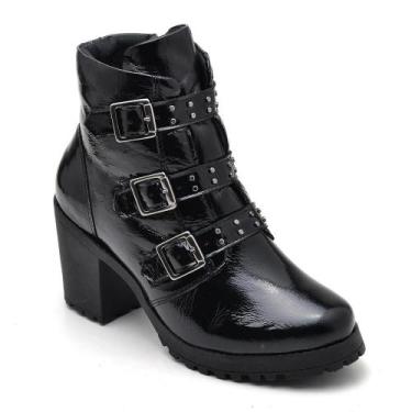 Imagem de Bota Coturno Feminina Couro Cano Médio Verniz Estilo Moda - Q&A, 38, P