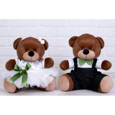 Imagem de Ursos de Pelúcia Casal, Ursinho Marrom com Vestido Branco e Terno Preto, Tedde 26 cm (Tedde Pajem Preto, Daminha Branca, detalhes verde - Pelúcia Marrom)