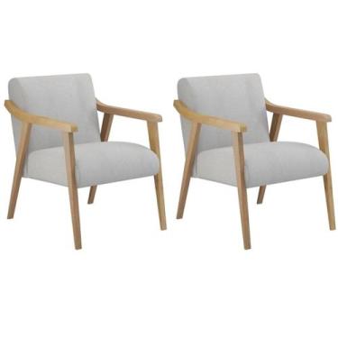 Imagem de Kit 2 Poltronas Decorativa Flavia tecido linho cinza madeira natural m