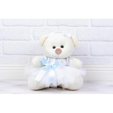 Imagem de PELUCIA URSO TEDDE 15 CM - DAMINHA CETIM BRANCO (PELUCIA PALHA - DETALHE - AZUL CLARO)