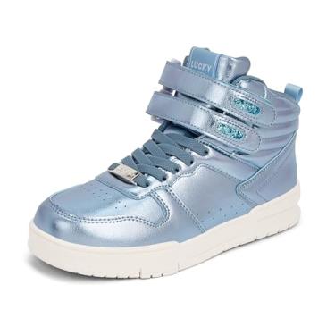Imagem de LUCKY STEP Tênis feminino de cano alto, moderno, basquete, cano baixo, caminhada, tênis, plataforma, casual, de couro sintético, Holograma azul, 35