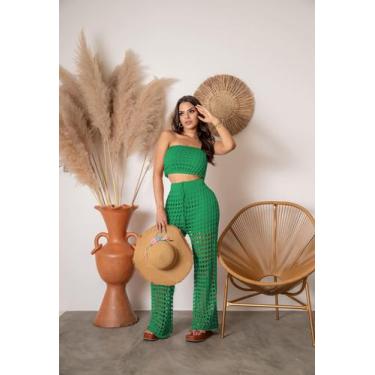 Imagem de Conjunto Saída De Praia Calça Pantalona Cropped Tricot Verão - Calu Tr