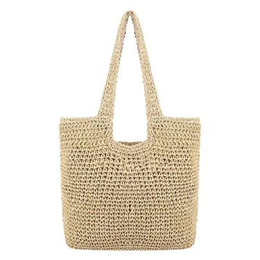 Imagem de Naimo Bolsa feminina de palha para praia, bolsa de ombro de tecido, grande, feita à mão, de tecelagem, bolsa Hobo casual de verão, Bege - Sacola a, One Size