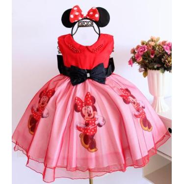 Imagem de Vestido Infantil Minnie Vermelha Luxo Para Festas Tema E Tiara - festa