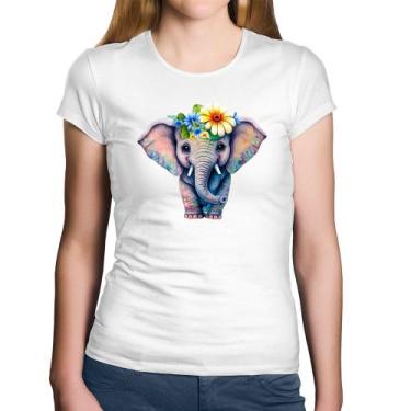 Imagem de Baby Look Algodão Elefante E Flores - Foca na Moda, Branco, P