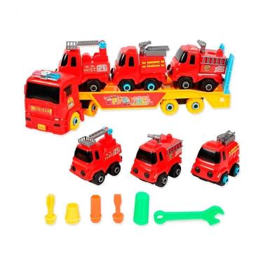 Imagem de Carro Cegonha 3 Carrinhos Monta Desmonta Bombeiros Vermelho