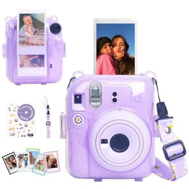 Imagem de CAIYOULE Capa transparente compatível com Fujifilm Instax Mini 12, capa protetora para câmera com bolso de armazenamento de fotos atualizado, adesivo DIY, minimolduras, PC rígido - roxo brilhante