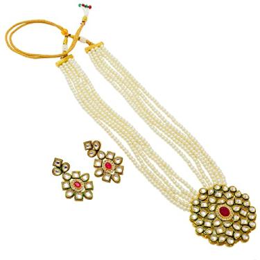 Imagem de Jewar Colar em camadas, contas de cristal ônix, banhado a ouro, pérola, polki, zircônia, multipedras, tom dourado, meena funciona com brincos correspondentes, conjunto de joias longas para mulheres e meninas, Latão, Zircônia cúbica