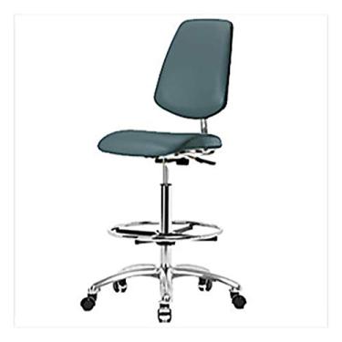 Imagem de Thomas 1163U07 Cadeira básica de vinil de altura alta para sala limpa com encosto médio, base cromada, anel de pé cromado, rodízios cromados, azul colonial