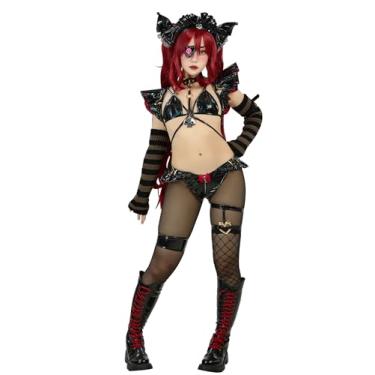 Imagem de Mobbunny Conjunto de lingerie feminina anime cosplay top e shorts de couro sintético brilhante com faixa de cabeça e babados manga curta preta