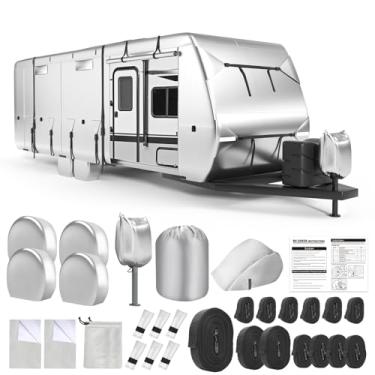 Imagem de DenForste Capa Oxford RV, Trailer de viagem 420D, tecido Oxford 420D, à prova de rasgos, à prova de água, à prova de vento, com capa de lingueta, 4 capas de pneu, 6 capas de calha, 3 portas com zíper