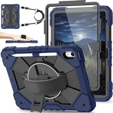 Imagem de Nitupai Capa para iPad 10ª geração, capa para iPad de 10,9 polegadas com protetor de tela, capa infantil para iPad de 10ª geração, suporte giratório de 360°, alça de ombro, azul marinho
