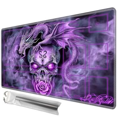 Imagem de JANENFNA Playmat 24" x 14" with Magic Zones for MTG Card Game Playing, Board Game Mat for Card Breaking Commander Deck Gaming Card Game Battles Mat with Storage Bags, Purple Dragon Skull Rose