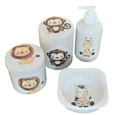 Imagem de Kit higiene bebê Safari 4 peças - potes, porta álcool e molhadeira - T