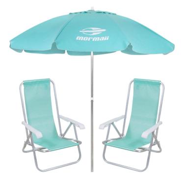 Imagem de Kit 2 Cadeiras Reclinável Alumínio + Guarda Sol Bagum 2,4m Verde Mormaii - Belfix