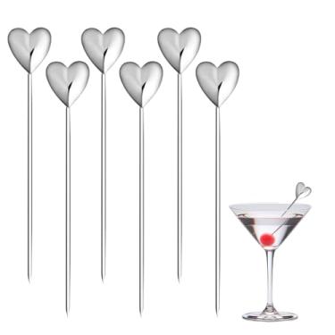 Imagem de Sipoyen Palitos de coquetel de coração para bebidas em aço inoxidável de 10 cm, reutilizáveis, espetos de enfeite de coquetel para azeitona, torção, baga, decoração estilo praia, 6 peças