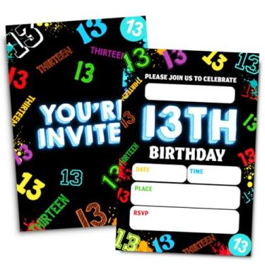 Imagem de Doguiei Convites de festa de aniversário de 13 anos, cartão neon de convites de treze anos para meninos e meninas (30 cartões e 30 envelopes)