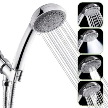 Imagem de Chuveiro de mão de 5 modos com mangueira de 1,5 m - Varinha de chuveiro de mão de 9 cm com mangueira longa - Acessório de pulverizador de chuveiro para chuveiro - Chuveiro removível com chuveiro de