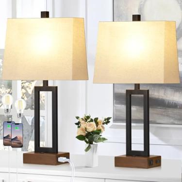 Imagem de Lolikit Conjunto De 2 Abajures De Mesa Com 2 Portas Usb E Tomada Ca, Abajur Moderno De Cabeceira, Abajur De Madeira Com Abajur De Linho Para Sala De Estar, Quarto, Mesa Lateral, Escrivaninha De Hote