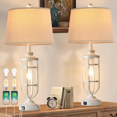 Imagem de SRJJRS Conjunto De 2 Abajures De Mesa De 28" Para Sala De Estar, Abajures De Toque Estilo Fazenda Para Mesa De Cabeceira Com Usb A+C, Abajures De Cabeceira Vintage Para Mesas De Canto De Quarto, Lâm