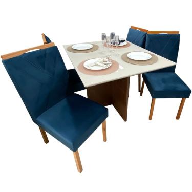 Imagem de Mesa de Jantar Helo 90x90cm em Veludo com 4 Cadeiras California Poliman Cor Off White com Assento Azul