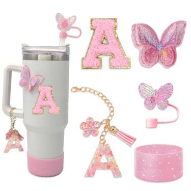 Imagem de Conjunto de acessórios Stanley Cup para Tumbler Stanley, incluindo capa de canudo de borboleta de 10 mm, pingentes de letras de copo, bota de silicone brilhante, adesivo de letras e adesivo bordado de