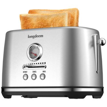 Imagem de Torradeira 2 Fatias com Desligamento Automático, Bandeja de Migalhas e 6 Níveis de Tostagem, 110V 1000W, LONGDEEM, Prata