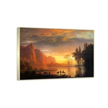 Imagem de Emoldurado - Arte de parede famosa - Reprodução de pinturas famosas de Bierstadt - Impressão em tela - Fotos decorativas de sala de estar de escritório (pôr do sol do vale) 40 x 56 cm (15,8 x 22,0