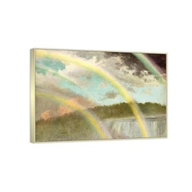Imagem de Emoldurado - Arte de parede famosa - Reprodução de pinturas famosas de Bierstadt - Impressão em tela - Fotos decorativas de sala de estar de escritório (quatro arco-íris) 40 x 56 cm (15,8 x 22,0 pol)