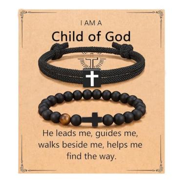 Imagem de FIRAZIO 2 peças de presentes cristãos de Páscoa para homens, pulseiras de cruz com recheios de cesta de Páscoa para homens, presentes cristãos de confirmação de aniversário, pulseiras inspiradoras de