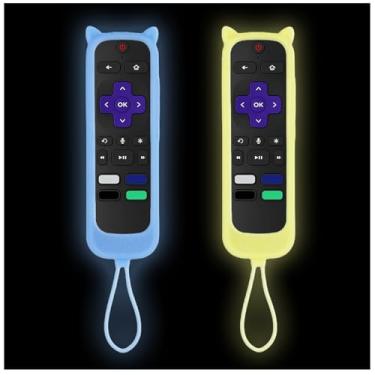Imagem de Gavyqier Pacote com 2 capas para controle remoto Onn Roku com design de orelhas de gato, capa de silicone de substituição universal para Hisense TCL Roku TV brilha no escuro