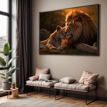 Imagem de Quadro com Moldura Sala Quarto 130x90 Leoa e Leão Por do Sol Decorativo Horizontal Grande Hall