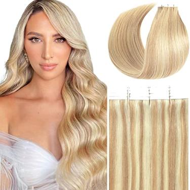Imagem de Loxxy Extensões de cabelo humano Remy, extensões de cabelo natural, balayage tingido, sem costura, trama de pele de poliuretano 100% cabelo virgem real claro platinado loiro ombré dourado loiro 50g 20pçs/conjunto 45,72 cm P#12/60A
