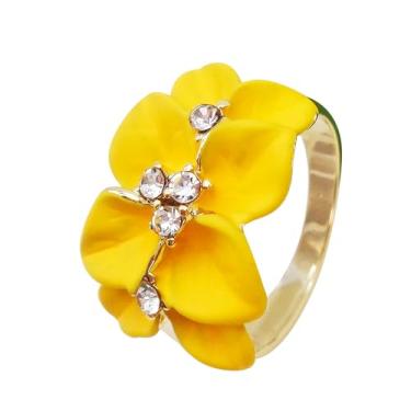 Imagem de Navachi Anel de flor de folhas de esmalte de cristal transparente banhado a ouro 18 k, 10, Zinco Zinco Esmalte, Cristal