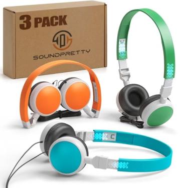 Imagem de SP SOUNDPRETTY Pacote com 3 fones de ouvido individuais para sala de aula – fones de ouvido infantis sem microfone com conector de 3,5 mm, fones de ouvido escolares multicoloridos para escola